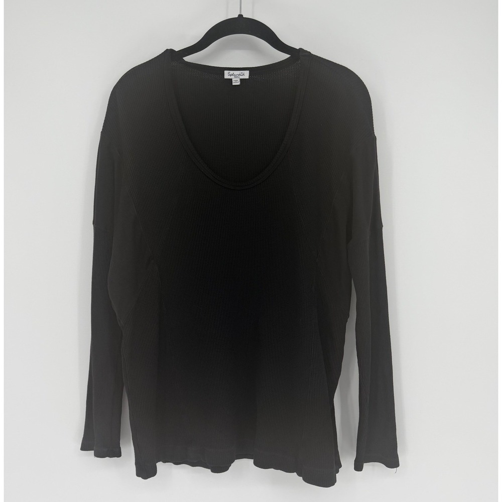 Splendid Womens Waffle Knit Thermal Scoop Neck Top Black Supima Cotton Modal S